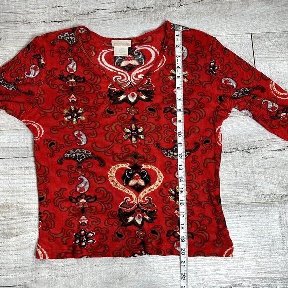 Pierre Cardin Womens Red Printed Y2K Paisley Print Sequin Blouse Size L Rib Knit - Picture 9 of 11